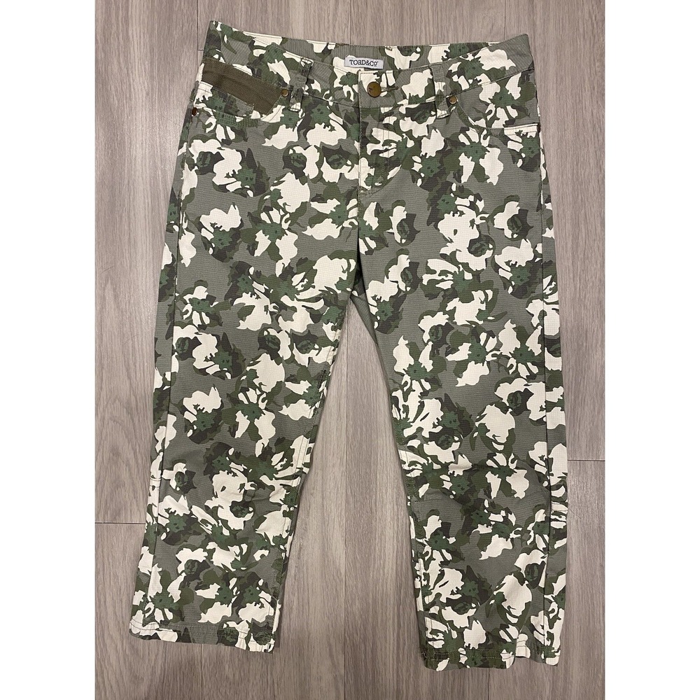 Toad & Co Petrograph Crop Pants Green Camo Capri Organic Cotton Women's Size 2